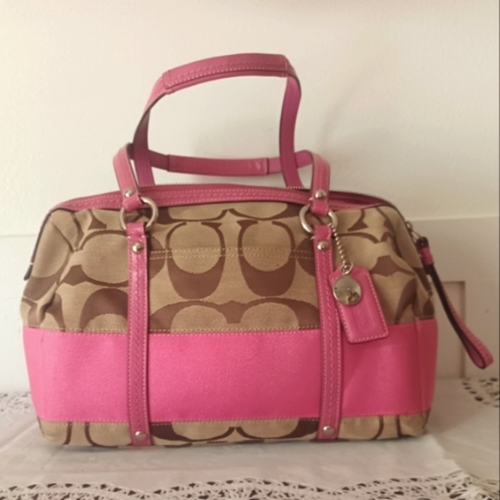 Vintage Authentic Coach Purse Pink Tan Handbag Tote Med